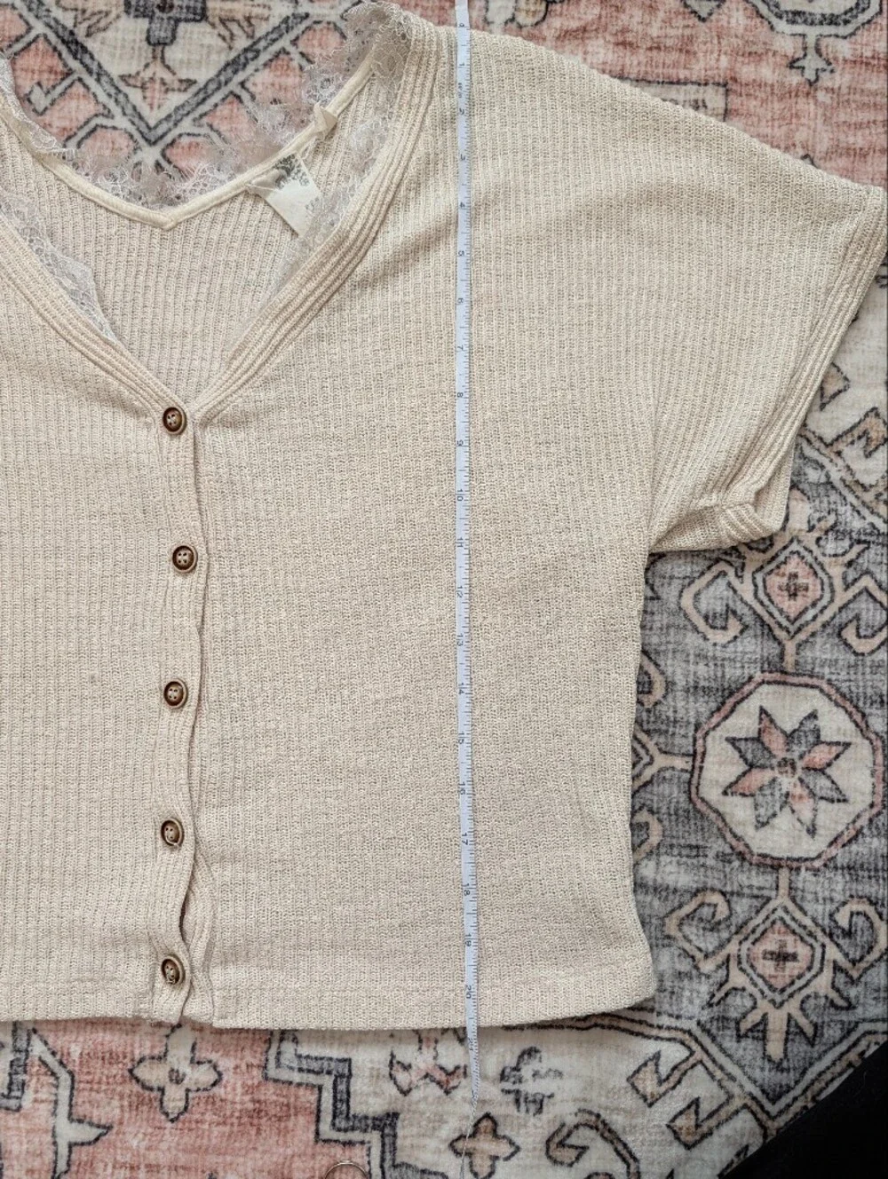 Blu Pepper Cream Ribbed Button-Front Short Sleeve Top - Picture 7 of 9